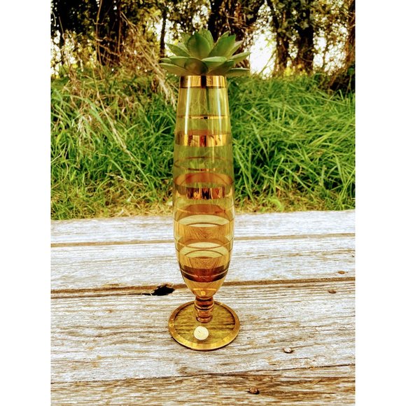 Vintage Glass Mid century Citrine Yellow Gold Stripe Bud Vase Romania - Picture 2 of 11
